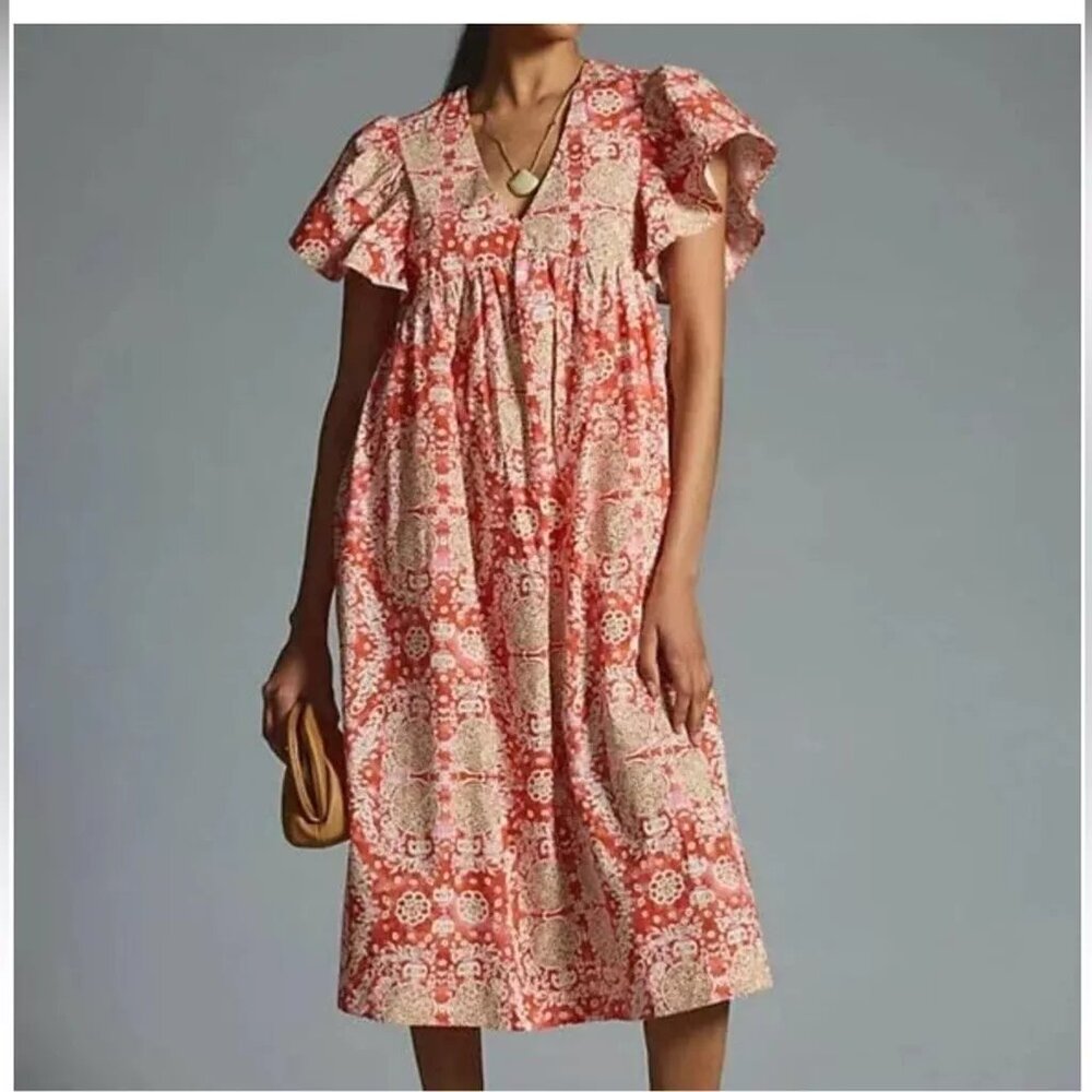 Maeve by Anthropologie 100% Cotton Printed Flutter Sleeve Babydoll Dress Size XS - Picture 2 of 13